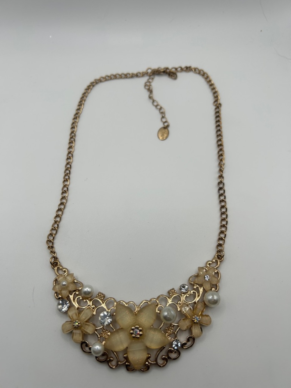 Gold Floral Bib Necklace with Pearl and Crystal Accents